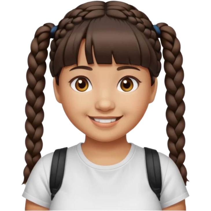 20 year old woman with tan skin, dark brown hair in low pigtail braids, blunt cut bangs, chubby, brown eyes, smiling without teeth showing emoji