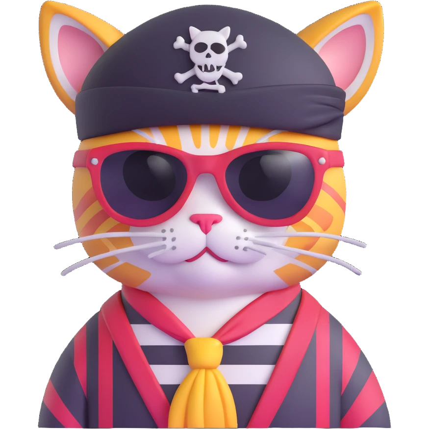 cat with sunglasses, pirate hat, and striped shirt emoji