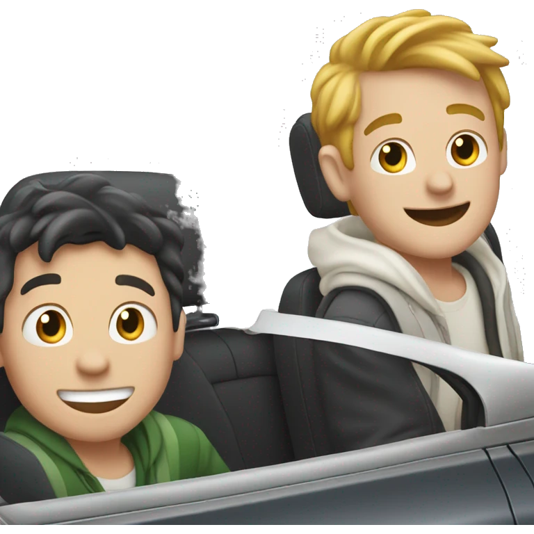 2 guys smiling in the backseat of a car looking out the back window, specifically a white car  emoji