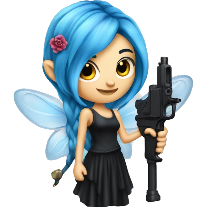 Blue haired fairy with black dress and tattoo gun emoji