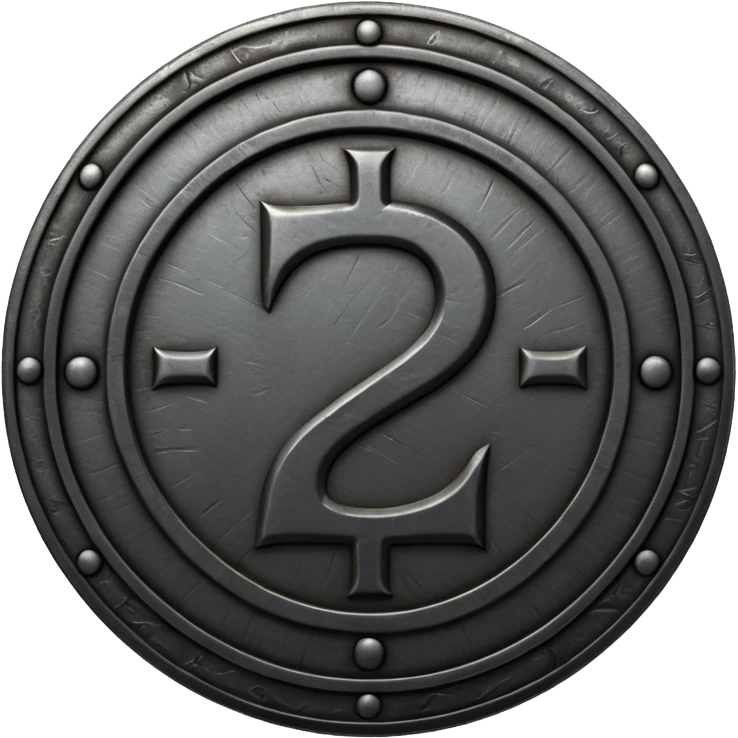 Minimal emoji, gothic metal coin made of black steel, engraved number 2 at the center, ancient industrial aesthetic, worn metal texture, no glow, no neon, flat emoji design, centered, transparent background emoji
