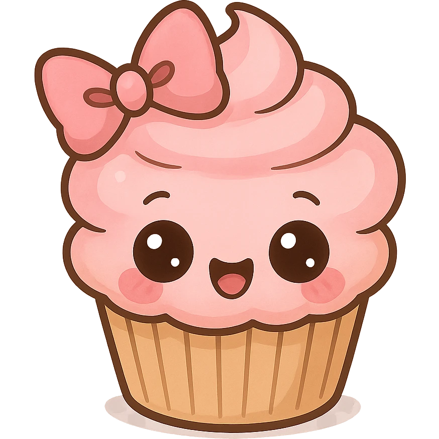 a cute pink cupcake with a bow, original design, big eyes, blushing cheeks, joyful emoji