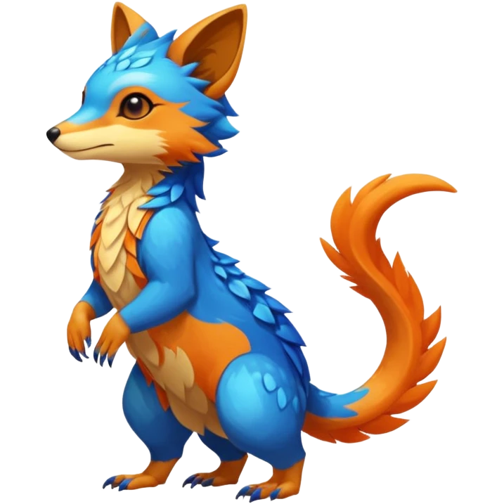 Colorful brown with blue and orange tropical exotic shiny beautiful fantasy-Vernid-Cacomistle-Oncilla-animal-Fakémon-hybrid-fursona (full body) emoji