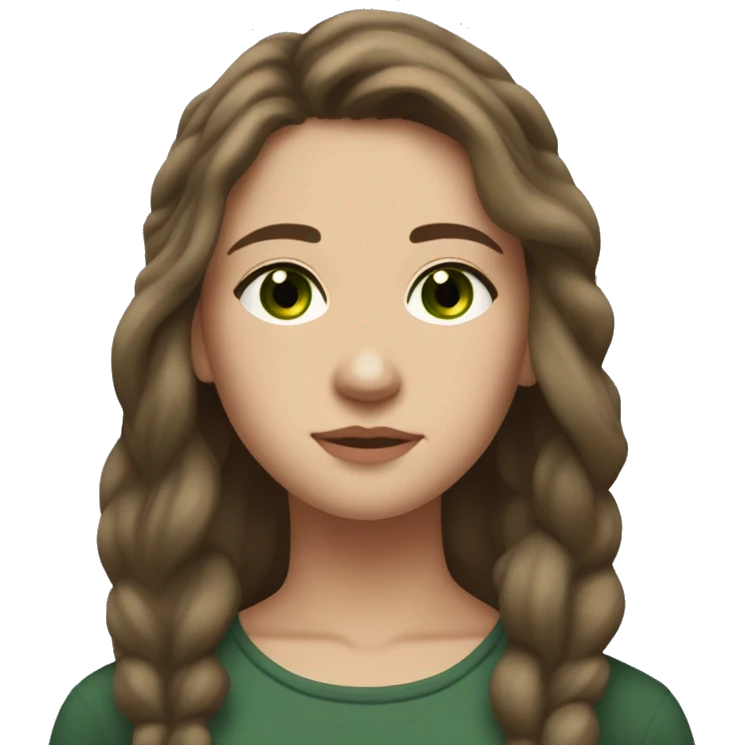 a Woman with Brown hair, long hair, Dark Green eyes, White, 17 Years Old, Squinted Downturned eyes, Hair Almost Covering One Eye, Side Parted Hair, Soft Eyes, Downturned Eyes, Equilian Nose, Roman Nose, Full Body, Freckles emoji