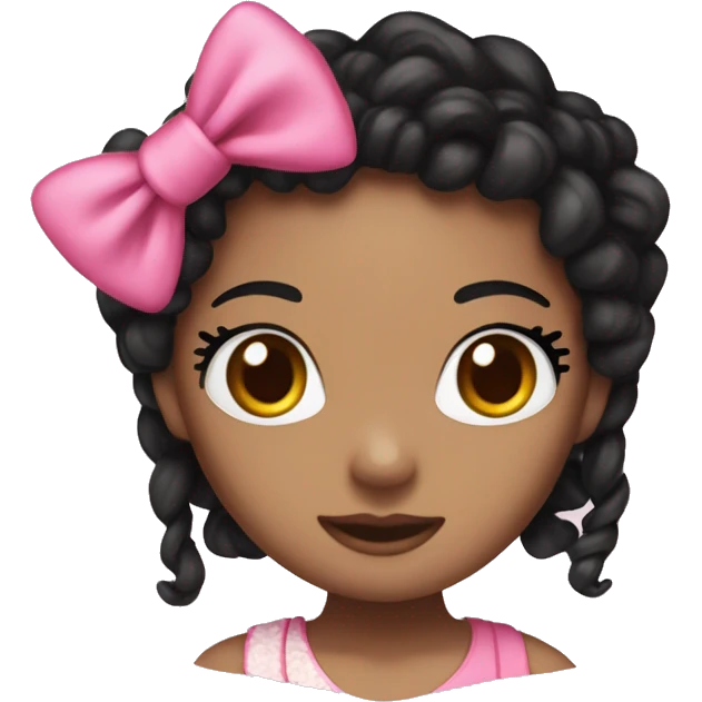 brown hello kitty with long black curly braids with pink bows on them emoji