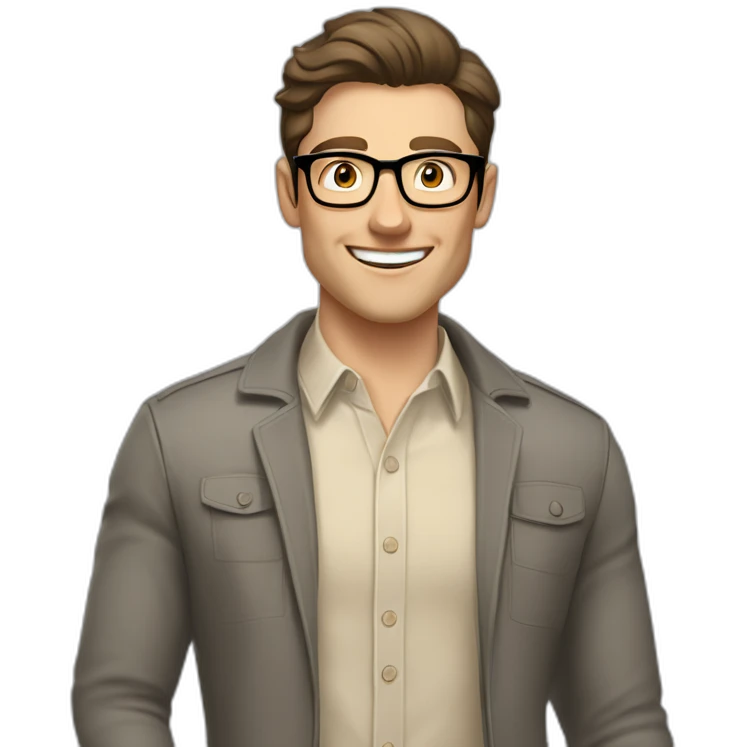 Joyful Pale skinned Fit Man With dark brown hair in gray jacket, beige office shirt, Brown pants and vintage glasses. His thrumbs up emoji