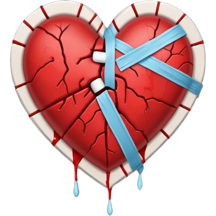 Un corazón roto con grietas  sangrando y expulsando sangre rodeado de vendas y tiritas que se despegan sin hacer efecto SIN CARA emoji