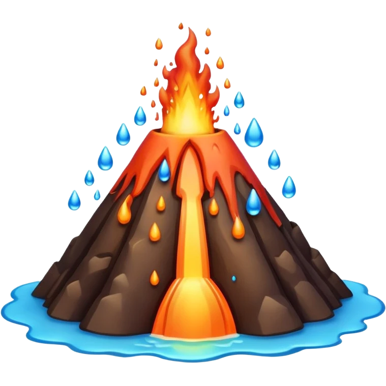 A cute, round emoji-style volcano with a smooth, simplified shape and soft shading. 
Instead of lava, the volcano erupts with colorful water droplets that pop upward in playful arcs. 
 emoji
