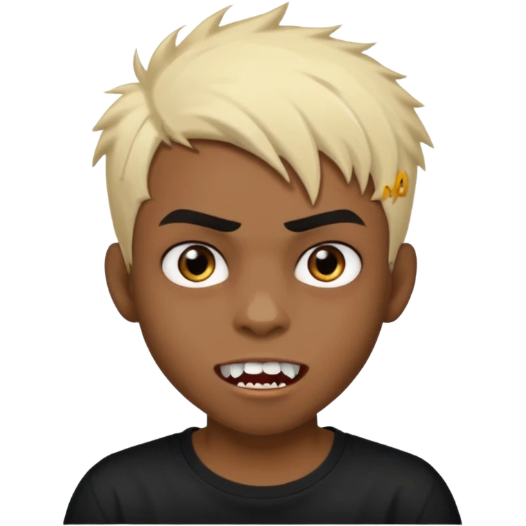 Black Male Teenager with Short punk messy blonde hair, Dark brown bushy eyebrows large expressive golden-brown eyes, wearing a plain white t-shirt, Dark Brown skin color. vampire tooth emoji