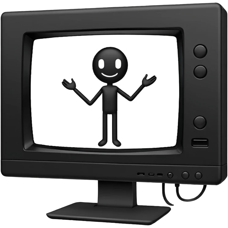 Minimalistic flat vector icon, iOS style, thin black contour on white background. Computer monitor showing a simple stickman character inside a game world. Clean, no text, no shadows emoji