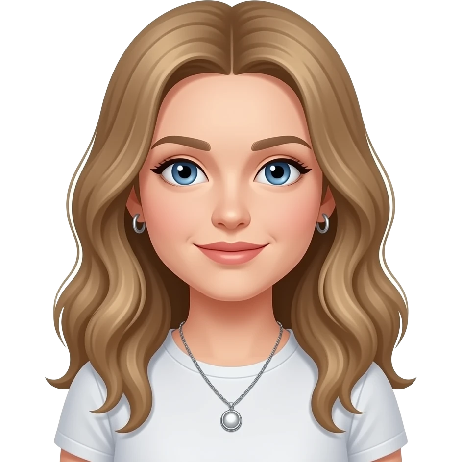 woman, blue eyes, late twenties, mousey blonde hair, long wavy hair with middle parting, t shirt, silver pendant necklace, small silver hoop earrings emoji