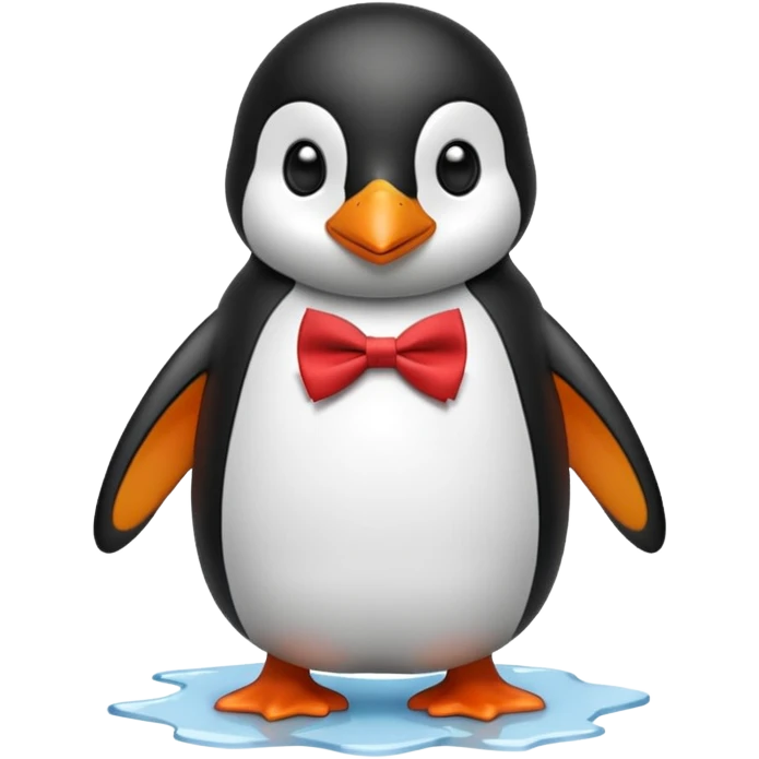 penguin, red bow tie, standing on small ice melting emoji