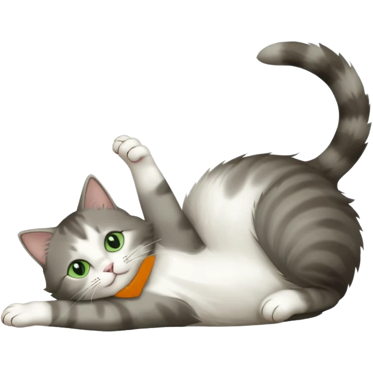 grey and white cat with green eyes doing a big extremely long stretch reaching up into the air with arms and legs side by side together straight and overextended whilst lying on its side emoji