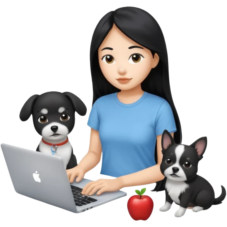 Asian girl long black hair, wearing a light blue t-shirt, working on an Apple laptop, next to her is a small black and white dog emoji