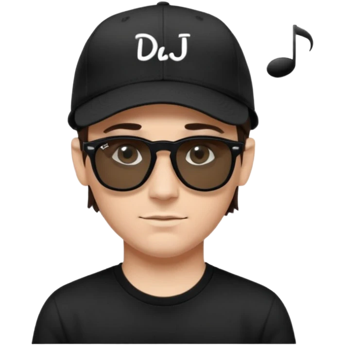 Emoji of a white man with short dark brown hair under a black baseball cap, wearing a black t‑shirt and 1980s‑style black Ray‑Ban rectangle sunglasses black lenses, with black musical notes floating around his head,  word "DJ DLG" written on the hat emoji