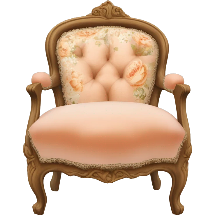 Vintage French chair with Mongolian peach, curly fur on the seat and a vintage peach and white floral on the top in a natural wood frame emoji