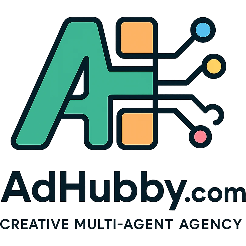 minimal tech-inspired logo for adhubby.com, creative multi-agent agency, clean lines, geometric shapes, digital motifs like circuits or nodes, subtle color accents, modern and suitable for small businesses emoji