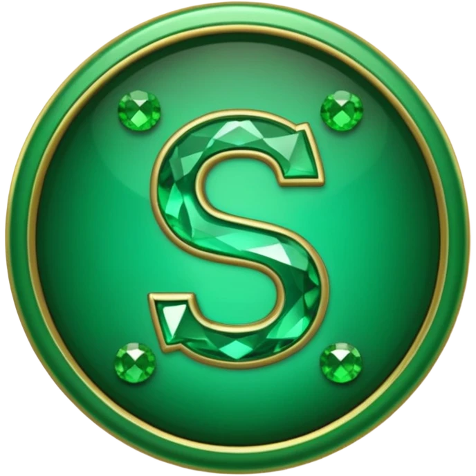 Create a custom emoji badge featuring a stylized, glossy letter “S”. Theme it according to the Emerald rank from League of Legends. Use deep green gemstones, bright emerald glows, and polished metallic framing. Luxurious and clean. emoji