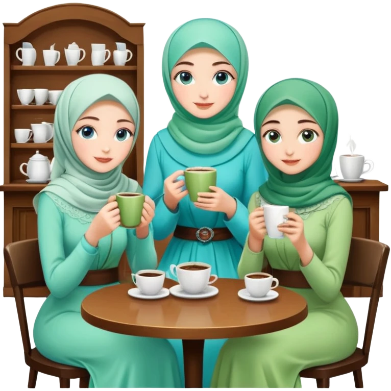 Turkish beautiful finish Konya girls blue eyes with Beautiful light green hijab long tail dress and the two friends in a coffeehouse sits on the chair on the ground and holds cup coffe with her hand  emoji