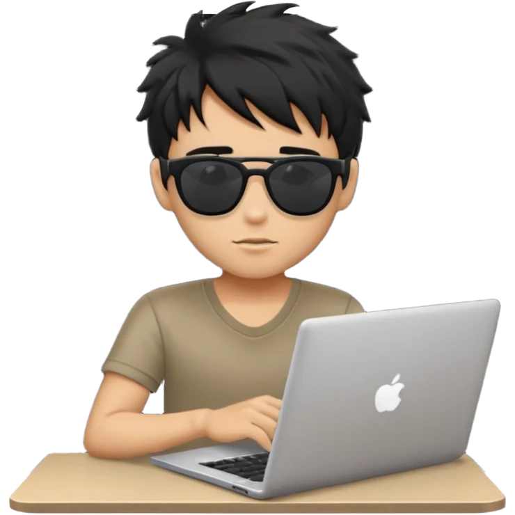 a PRETTY BRATZ boy with black messy hair, black sunglasses, on laptop emoji