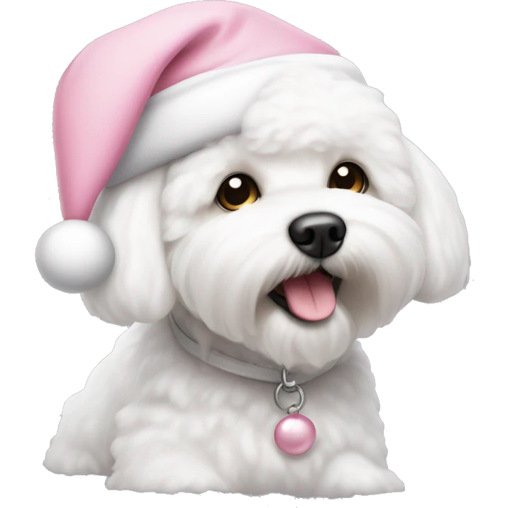 bichon frise with a light pink santa hat emoji