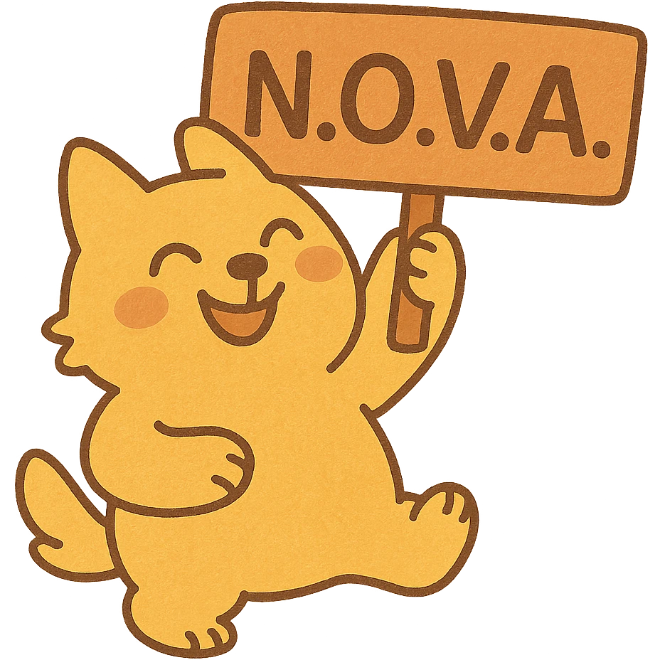 small yellow animal character holding 'N.O.V.A.' text, cheerful and expressive, cartoon style emoji