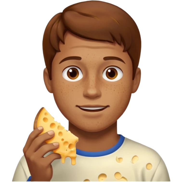 Man with brown hair and light skin with freckles, eating cheese emoji