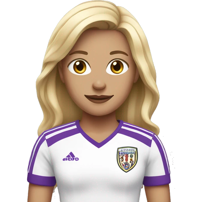 a blonde woman in a white soccer jersey with purple pinstripes emoji
