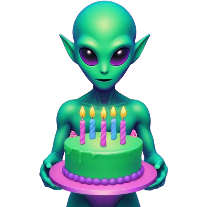 A neon-colored alien holding a holographic birthday cake, 1980s vaporwave aesthetic, grid floor, purple and cyan sunset, glitch effects, synthwave atmosphere, retro futuristic style
 emoji