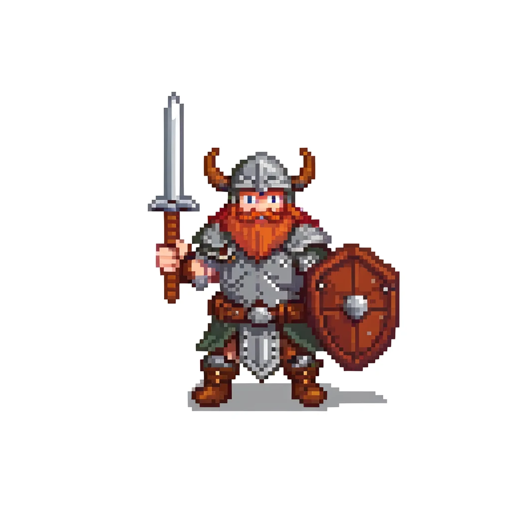 pixel art ginger viking with red beard and armor, running animation frame 4, pushing off ground emoji