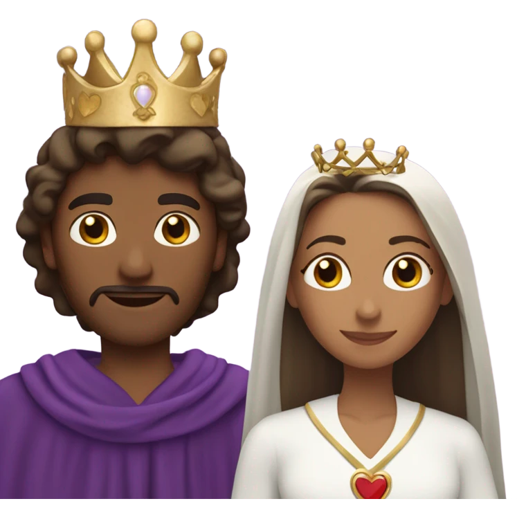 Caucasian long  brunette woman wearing formal royal purple robes and a crown whose face shows hearts to the man she adores  emoji