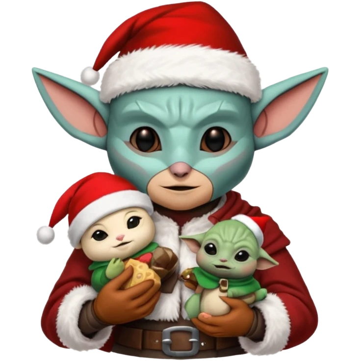 mandalorian holding grogu wearing santa hat emoji