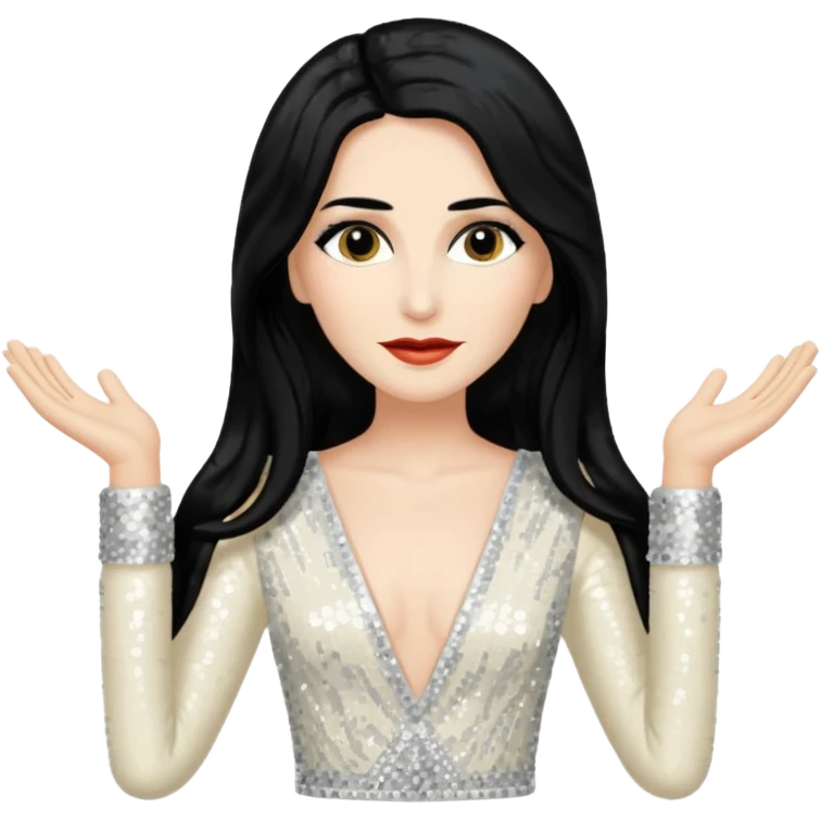 Tom "Conchita" Neuwirth with long black hair, ivory sequin outfit emoji