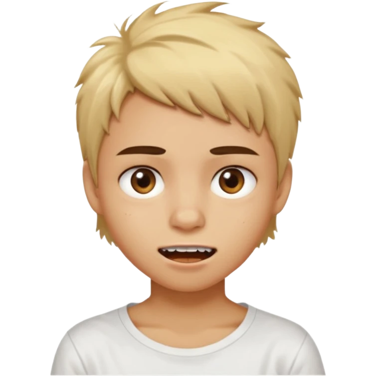 caramel skin color. Teen age. Short buzz, messy blonde hair, dark brown bushy eyebrows large expressive golden-brown eyes, brown skin color, scar over nose, wearing a plain white t-shirt. Mouth expression showing teeth emoji