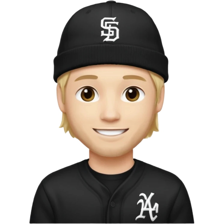 rapper da trắng, tóc vàng, full đen, có mũ len hãng MLB, đẹp trai
 emoji