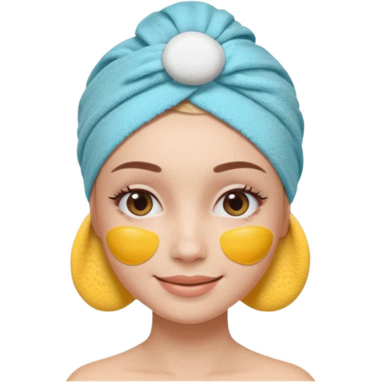 3D emoji style woman with towel head wrap, under-eye patches, smiling softly, clean girl skincare aesthetic, soft studio lighting, smooth skin texture, minimalist beige background, high resolution, PNG emoji