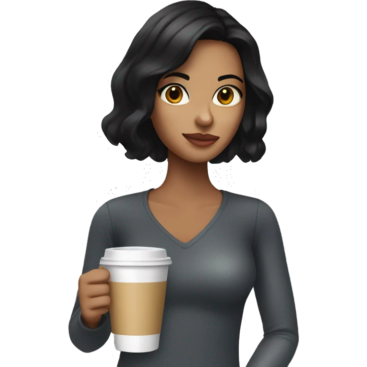 Girl with black hair slightly tan skin and brown eyes sips coffe in a plastic cup with foam emoji
