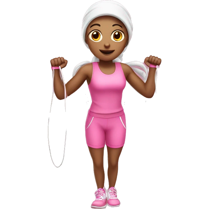 white gym girl in pink outfit with a skipping rope over her head emoji