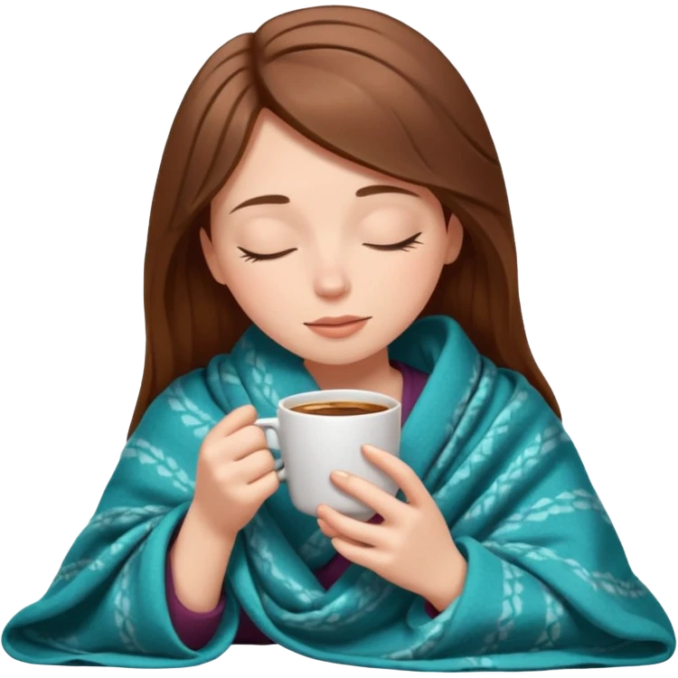 brown-haired white girl inside a blanket sipping coffee eyes closed emoji