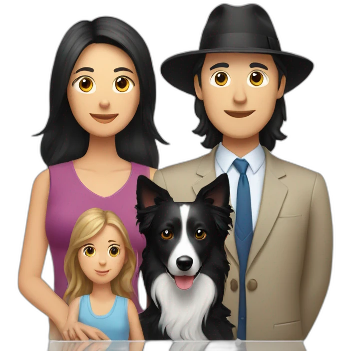 Family formed by a White man on hat and a White woman with long black hair and one small black dog border collie emoji