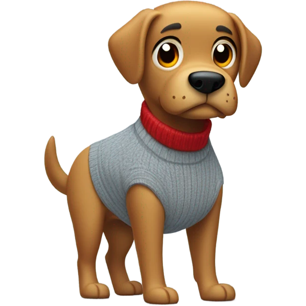 cartoon animal character resembling  a dog with a tan face and a prominent black nose. The character has a confident expression, hands in its pockets, and is dressed in a gray sweater, light blue jeans, and red sneakers. emoji