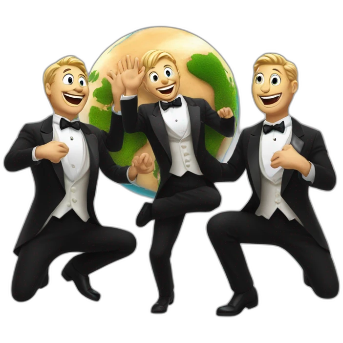 3 white men in tuxedo evil laughing with their palms raised behind a miniature earth on the ground emoji