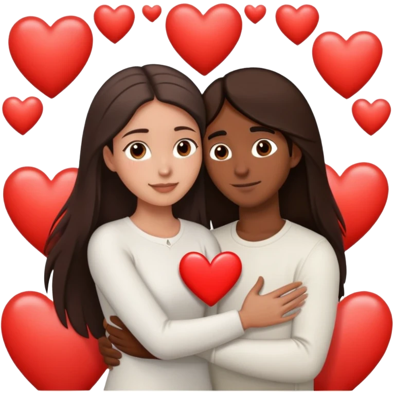 A couple embracing, man with mestizo brown skin and short straight dark brown hair, woman with fair skin and long dark brown hair, with white hearts around them emoji