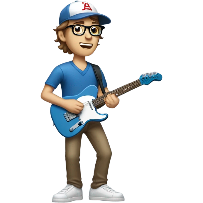 A nerdy white guy with glasses with short brown hair wearing a baseball cap playing a blue classic telescaster emoji