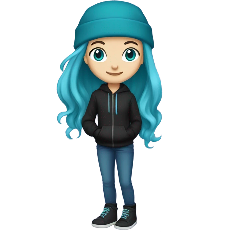 White girl, blue eyes, long teal hair, purple beanie hat, black hoodie, blue jeans, black shoes emoji