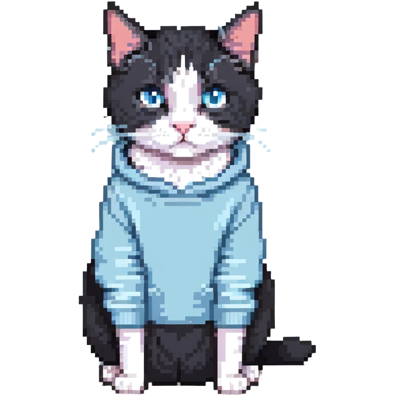 black and white cat wearing light blue sweatshirt emoji