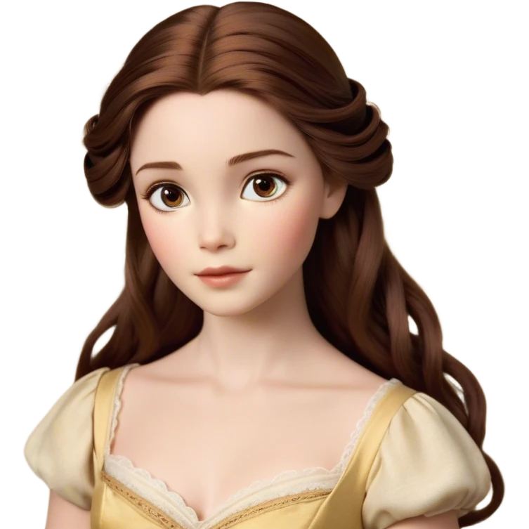Cinematic Realistic Belle Portrait, depicted with lifelike skin texture, soft natural lighting, and intricately detailed brown hair styled elegantly. Her deep, expressive eyes exude warmth and intelligence, complemented by a serene and graceful expression. She is dressed in her classic attire, with rich fabric textures and delicate folds that catch the light beautifully. The portrait features a soft, enchanting glow with a natural, radiant finish, capturing the essence of timeless beauty in a realistic and painterly style, evoking a sense of depth and authenticity. emoji