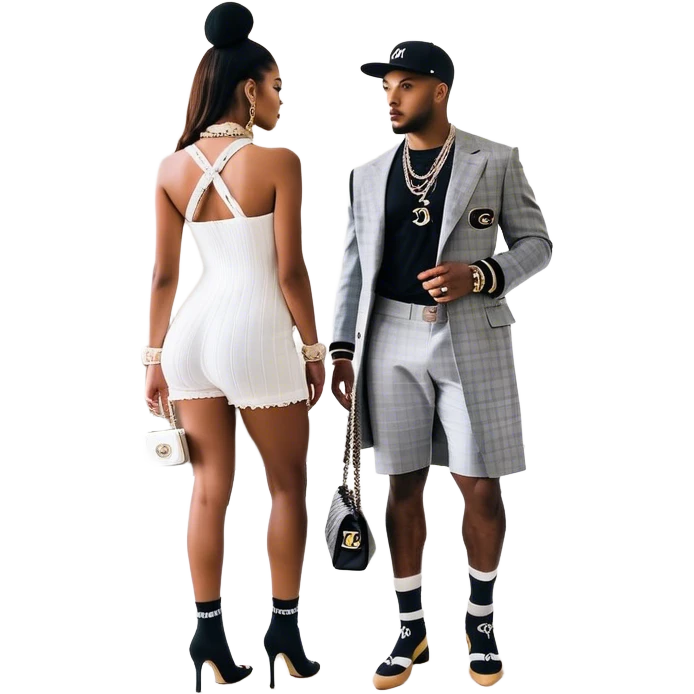 Man living his dream standing in the master bedroom of a mansion. He’s boo’d up with a pretty Brownskin big booty woman wearing a Chanel outfit with her holding a Chanel bag. The man has on a Fear of God Essentials outfit wearing designer socks. The man isn’t holding a bag emoji