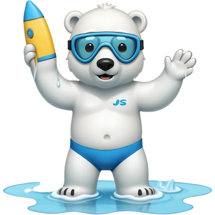 friendly anthropomorphised polar bear standing in a puddle of water, wearing board shorts, scuba mask over eyes with snorkel tube emoji