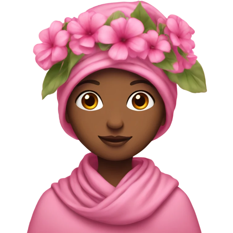 girl with a scarf on her head and a bouquet of pink flowers emoji